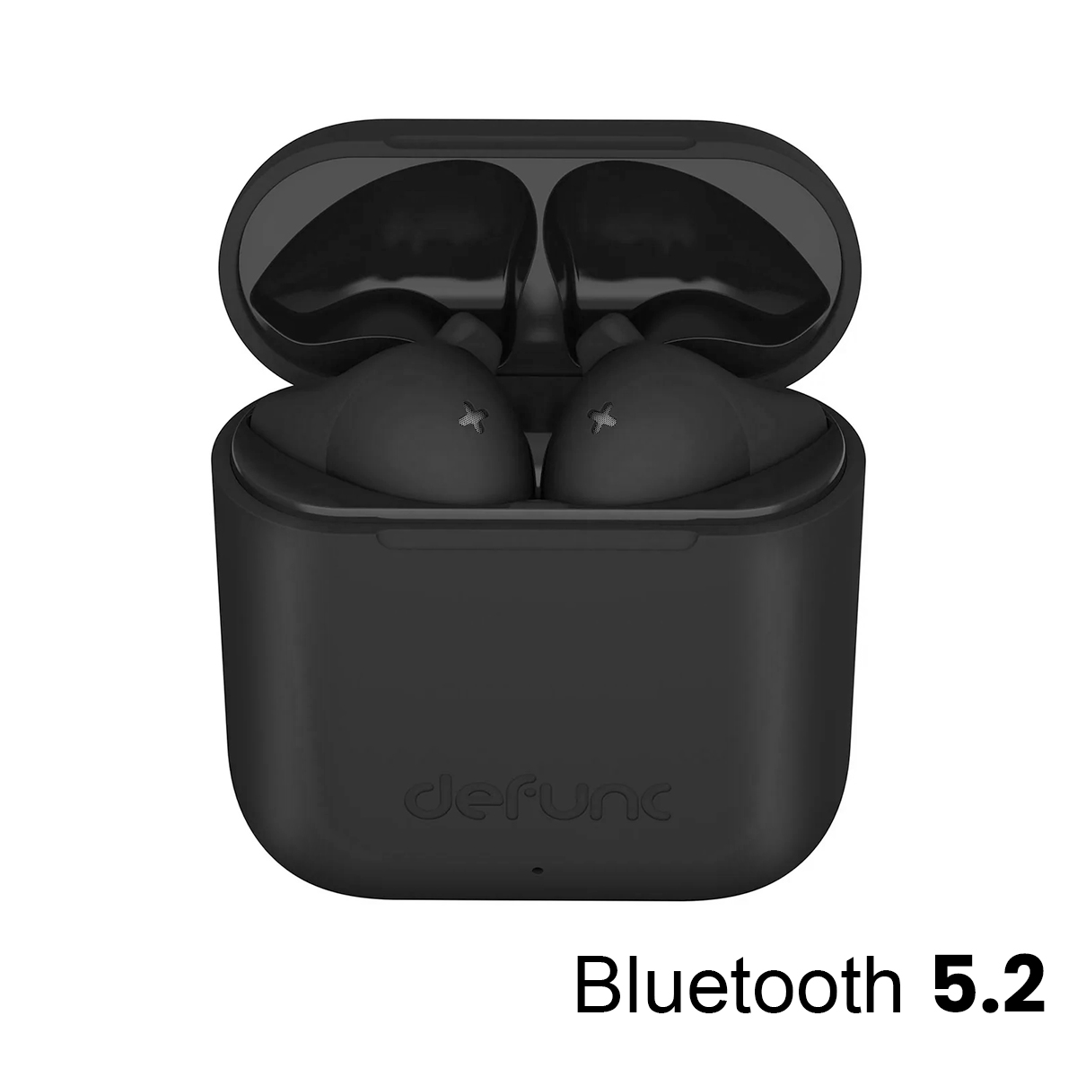 Auricolari wireless neri in custodia di ricarica, con Bluetooth 5.2.
