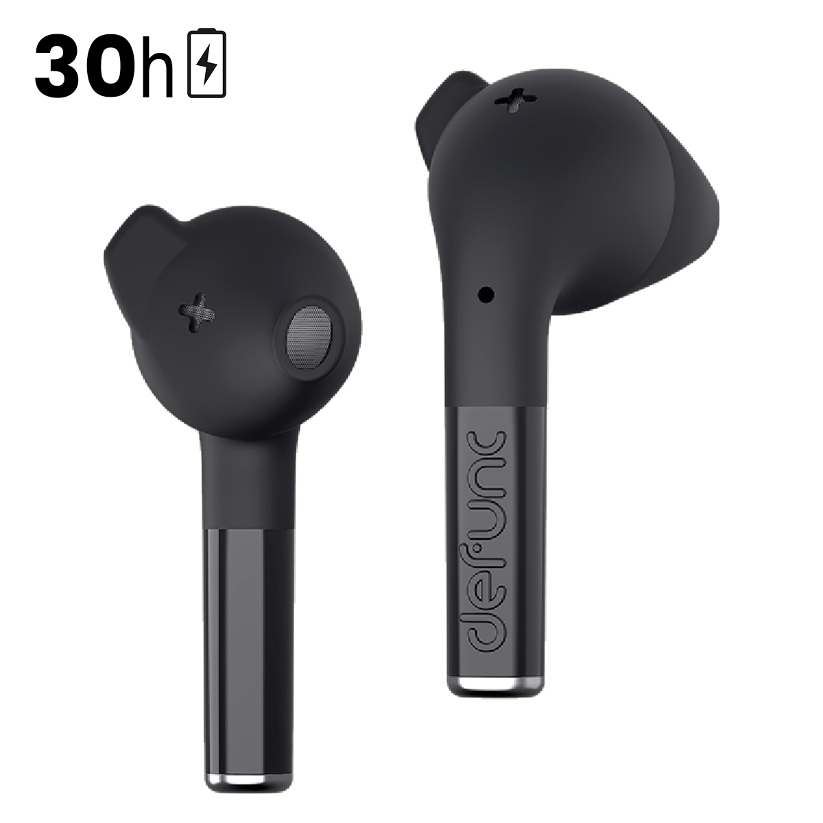 Auricolari neri con indicatore di carica e 30 ore di batteria.