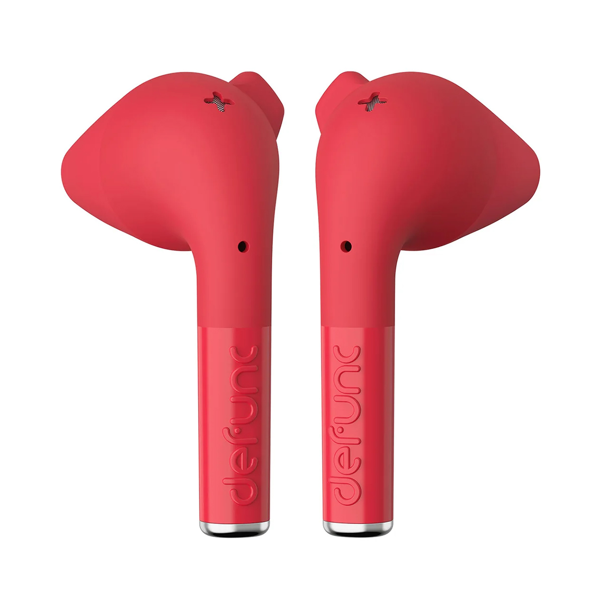 Due auricolari wireless rossi uno accanto all'altro su sfondo bianco.