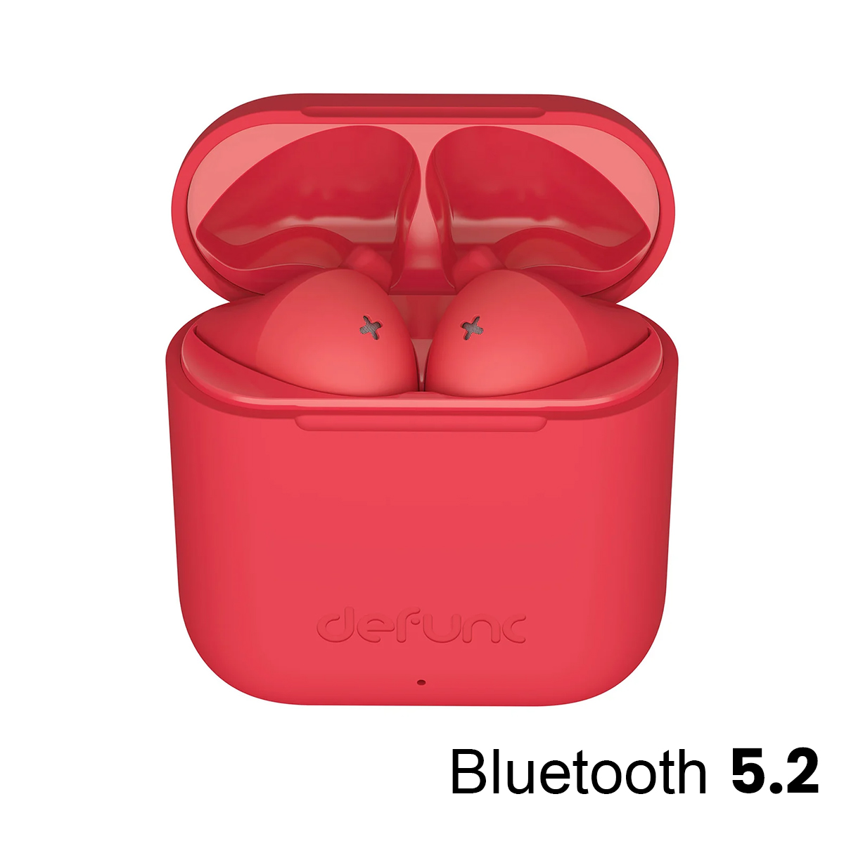 Auricolari wireless rossi in una custodia di ricarica aperta con logo Bluetooth 5.2.