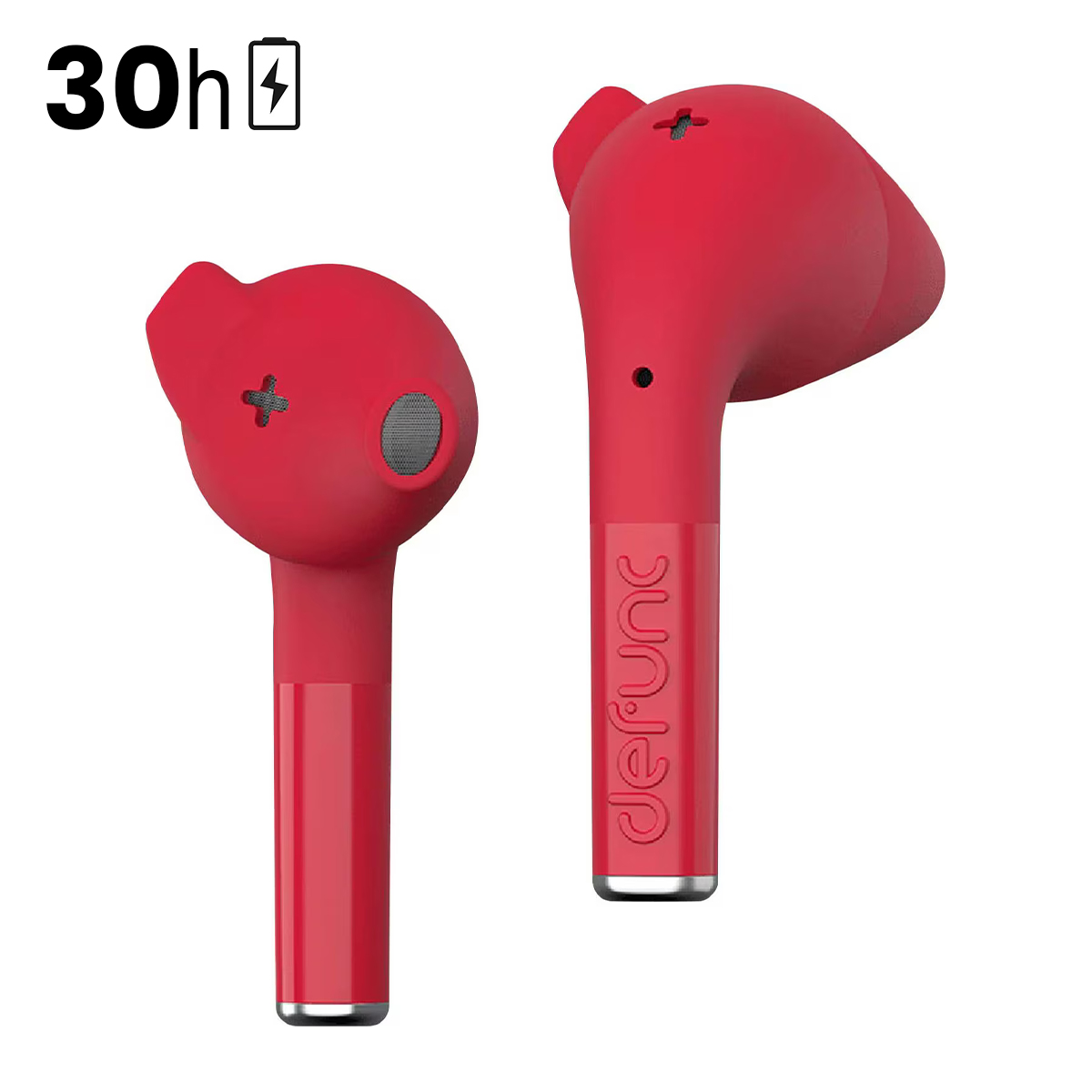 Due auricolari wireless rossi con indicatore di carica e 30 ore di autonomia.