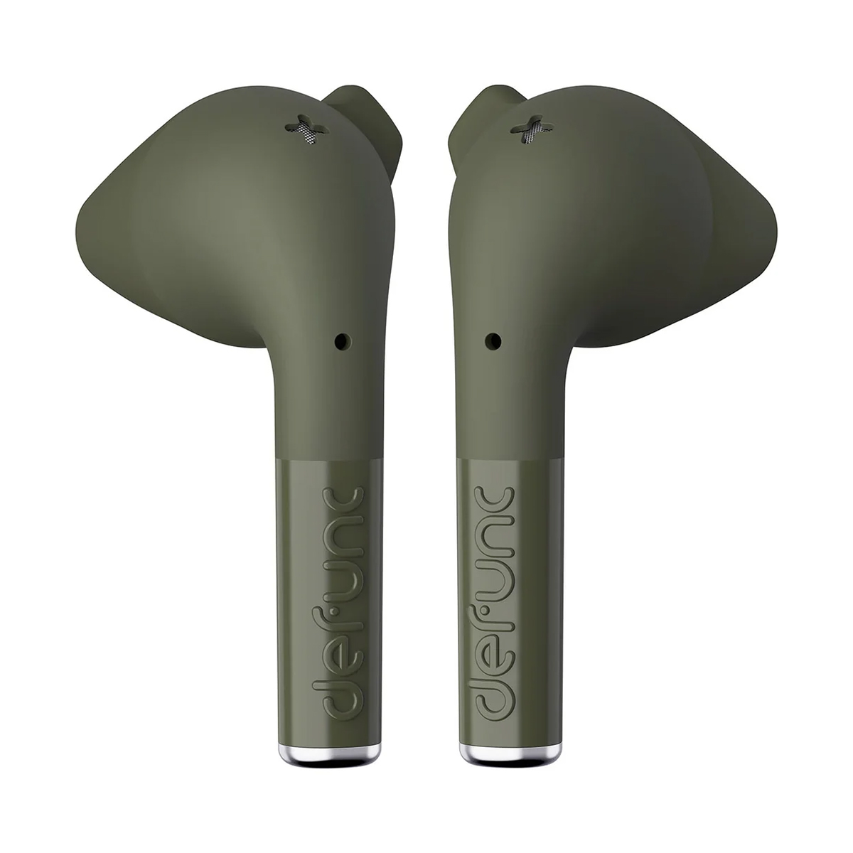 Due auricolari wireless verde oliva con logo 'defunc'.