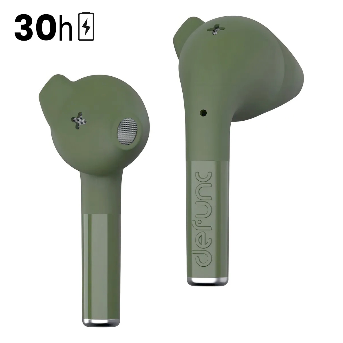 Due auricolari wireless verdi con 30 ore di autonomia.
