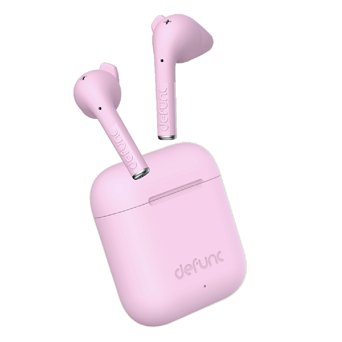 Due auricolari wireless rosa con custodia di ricarica.