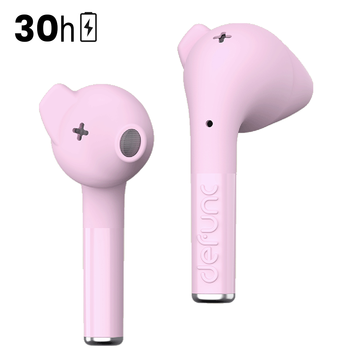 Due auricolari rosa Defunc su sfondo bianco. Testo indica 30h di batteria.