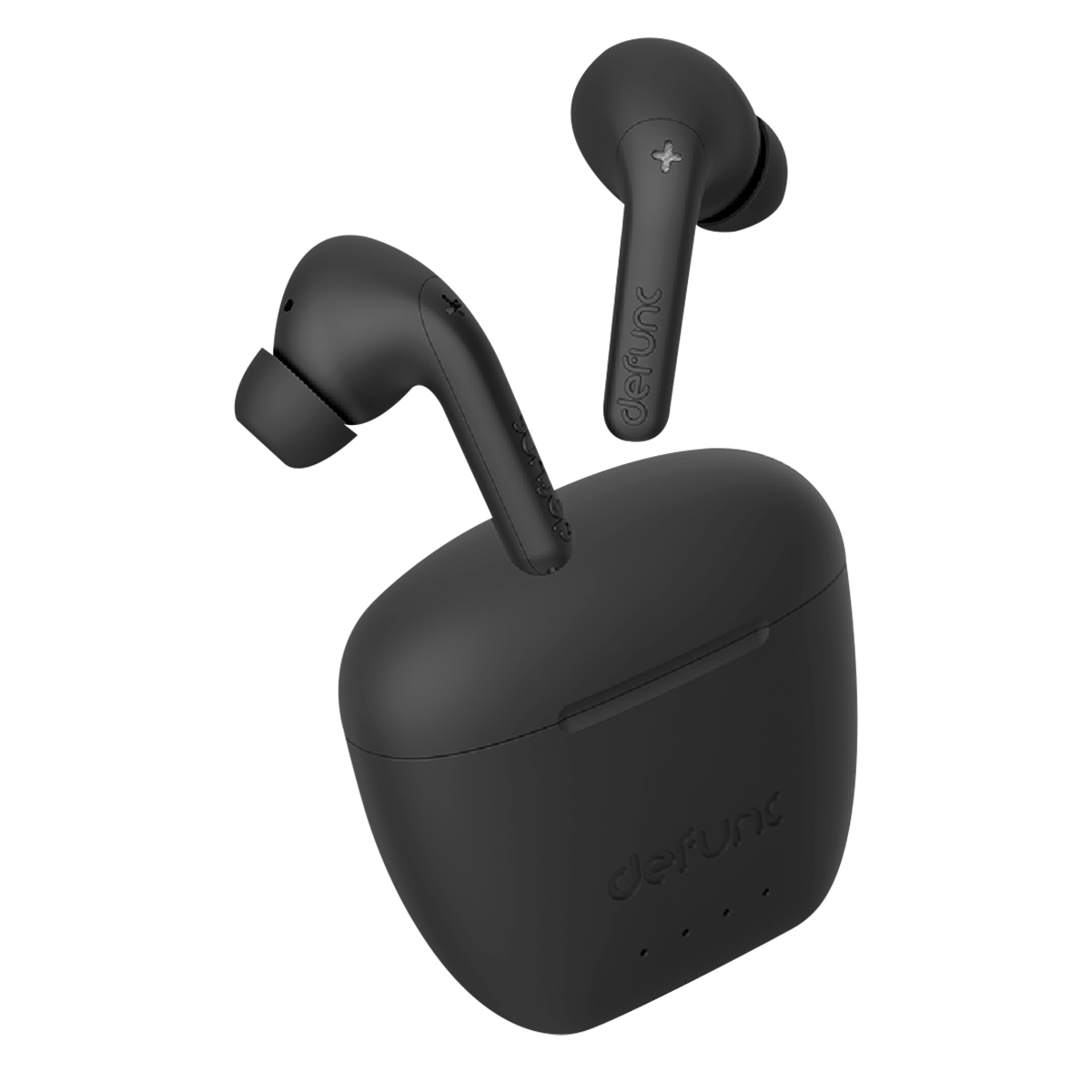 Czarne słuchawki bezprzewodowe z etui ładującym. Jedna słuchawka w etui, druga unosi się obok.