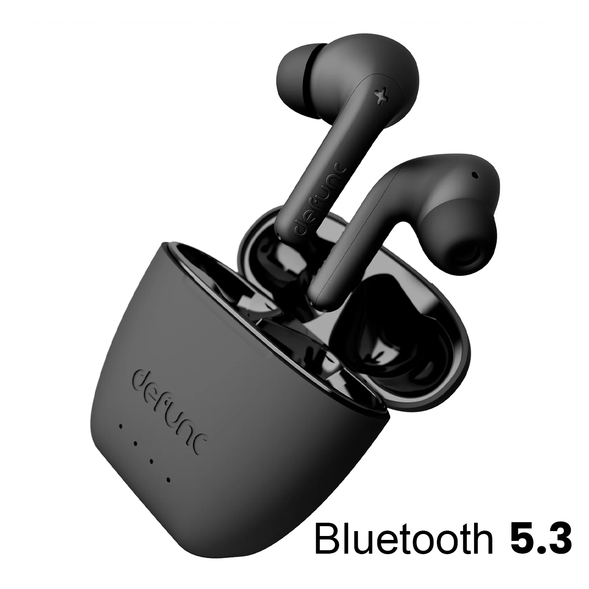 Czarne bezprzewodowe słuchawki z etui ładującym i Bluetooth 5.3.