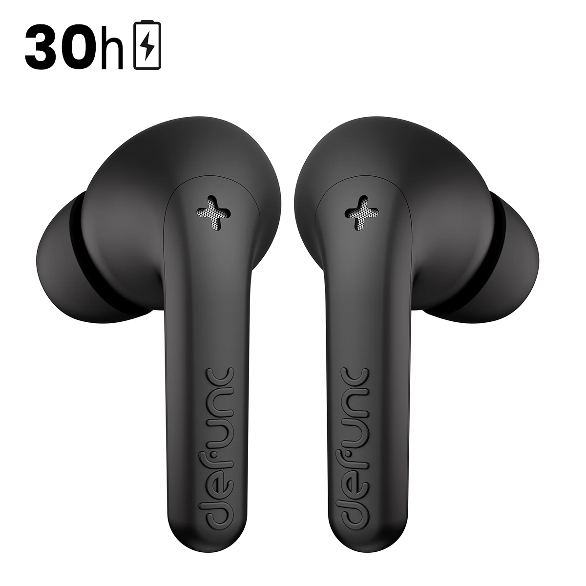 Czarne słuchawki bezprzewodowe z 30h żywotnością baterii.