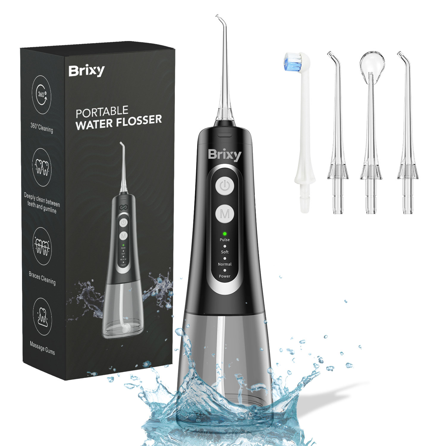 Een zwarte Brixy draagbare waterflosser met diverse opzetstukken en verpakking.
