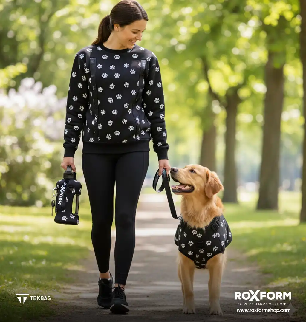 Kadın ve köpek patikada yürüyor, ikisi de pati izli giysiler giyiyor.