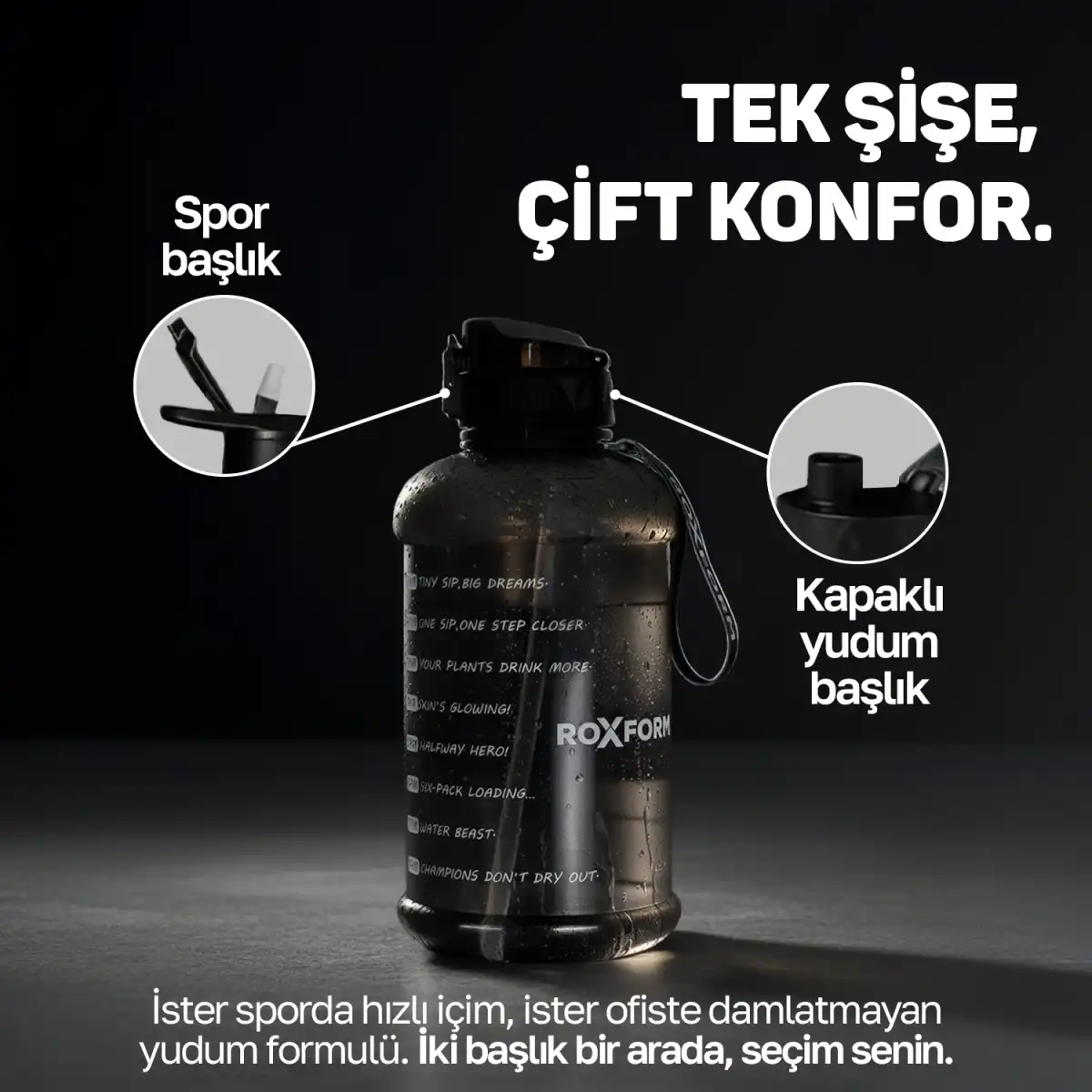 İki farklı kapaklı ve sıvı alımı işaretli siyah su şişesi.