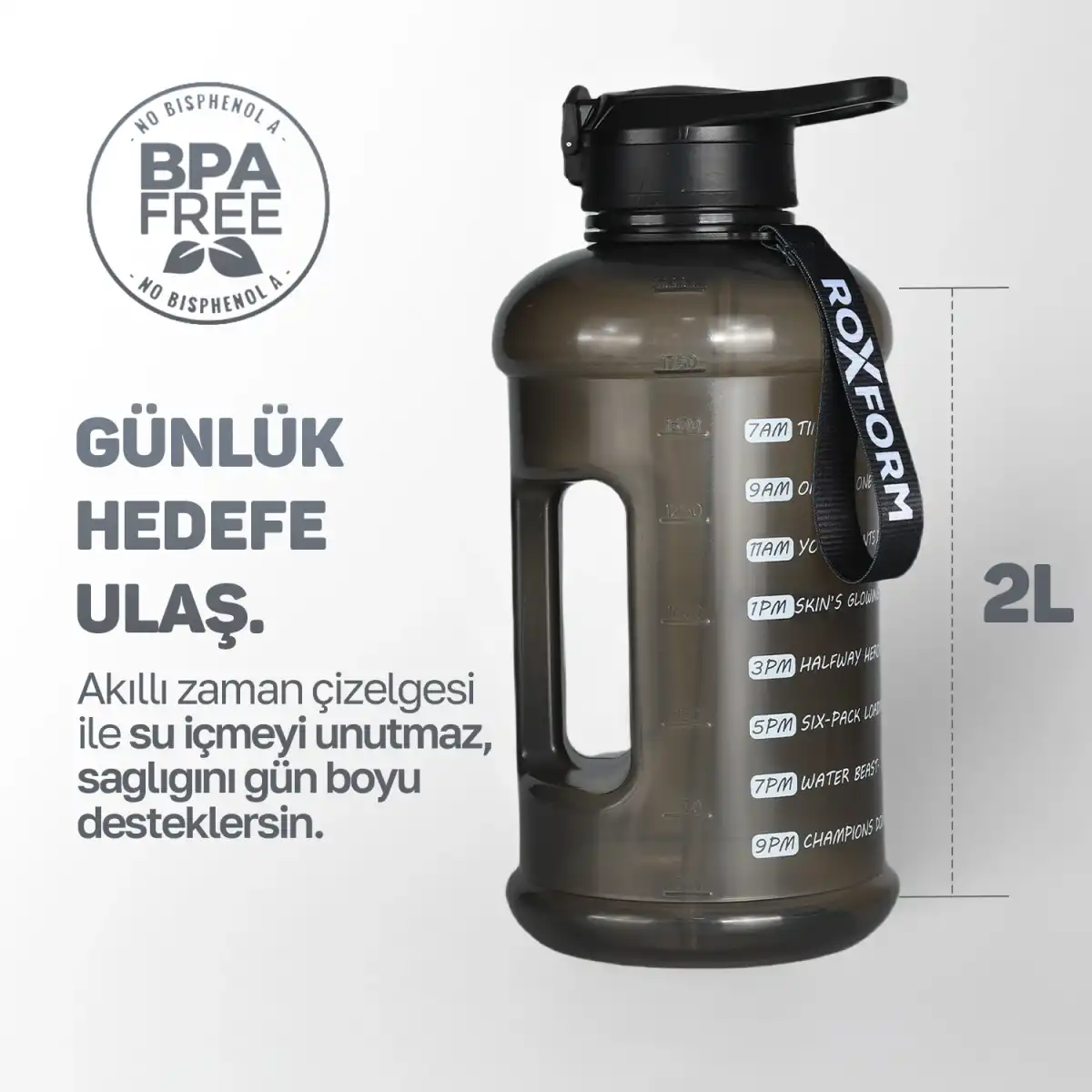 BPA'sız etiketli ve zaman işaretli siyah 2L su şişesi.