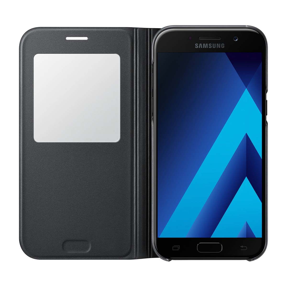 Teléfono inteligente Samsung negro con funda abierta y fondo de pantalla azul.