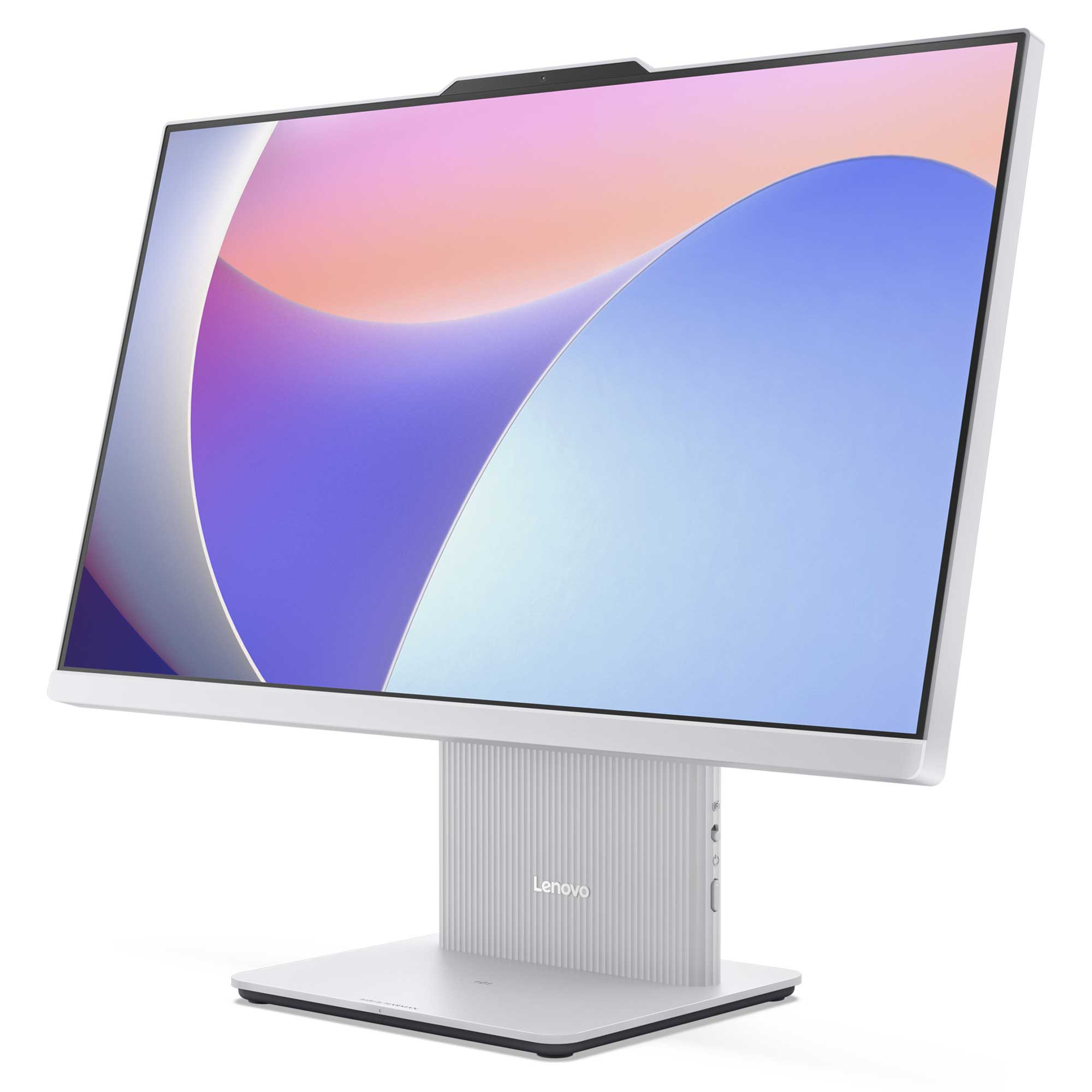 Modern bir masaüstü standına sahip beyaz, hepsi bir arada Lenovo bilgisayar.