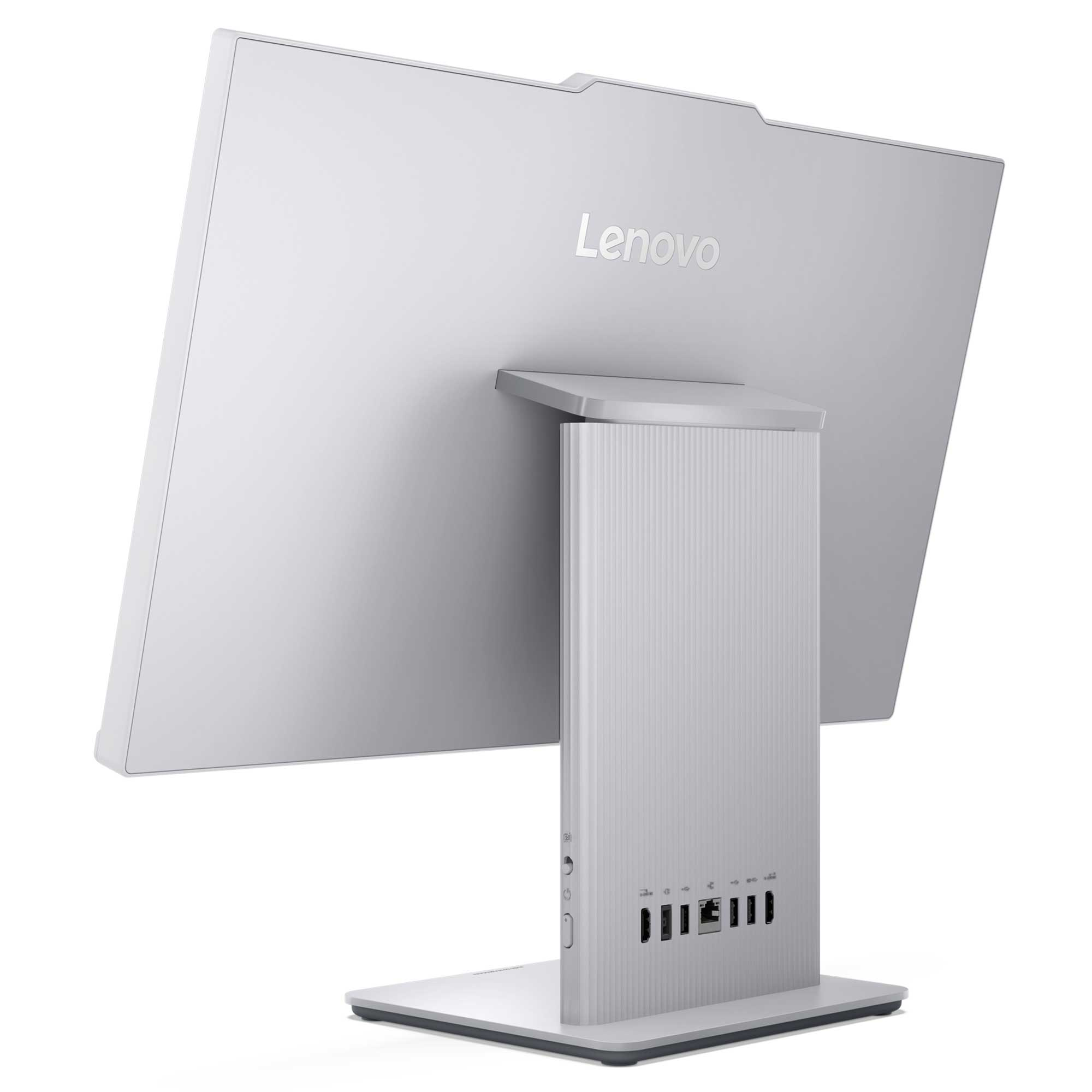 Gümüş renkli Lenovo hepsi bir arada bilgisayarın arkası, tabanında bağlantı noktaları bulunur.
