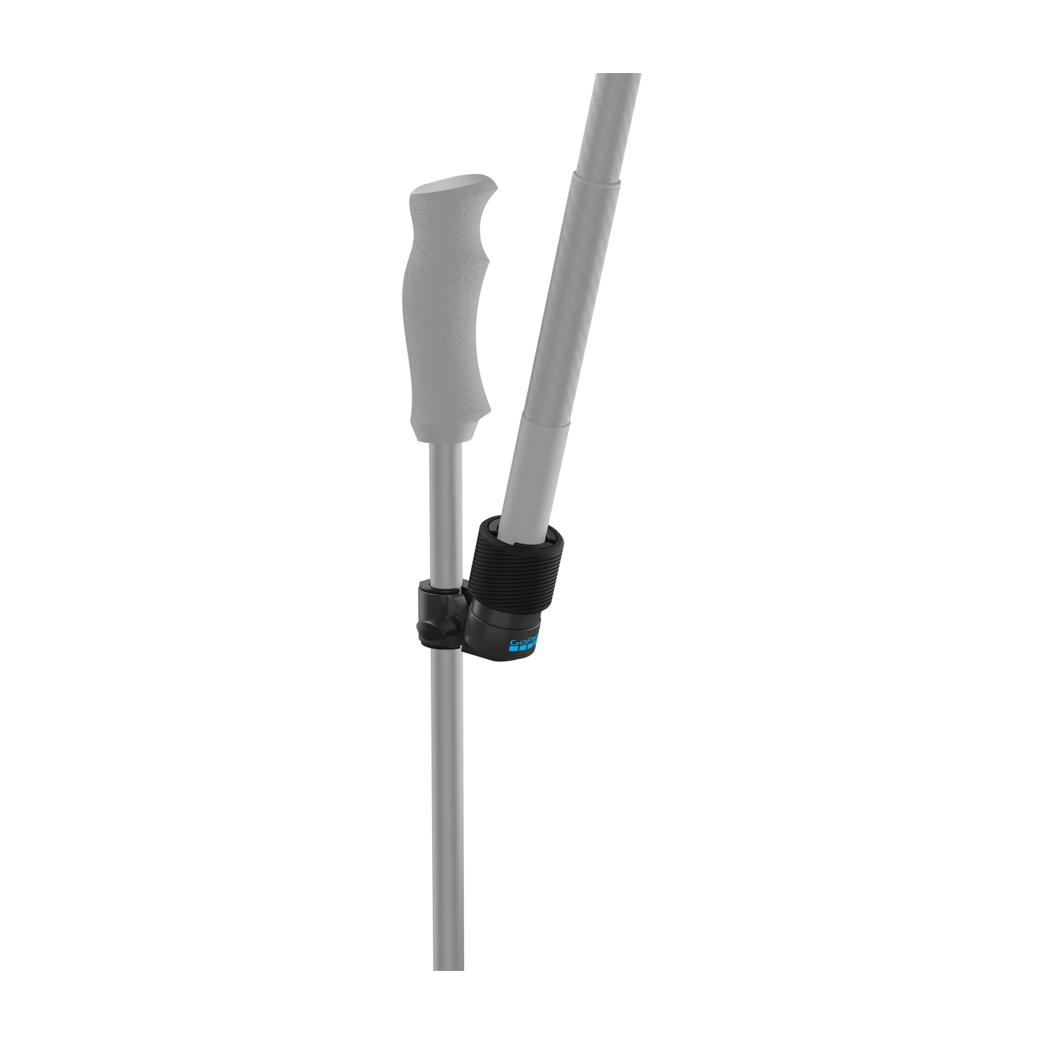 Empuñadura y eje grises de un bastón de trekking con adaptador de clic negro.