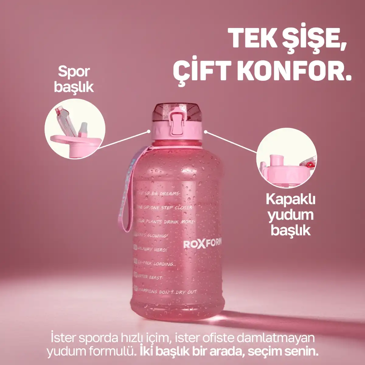 İki farklı kapaklı ve işaretli pembe su şişesi. Bir kapak spor için tasarlanmıştır.