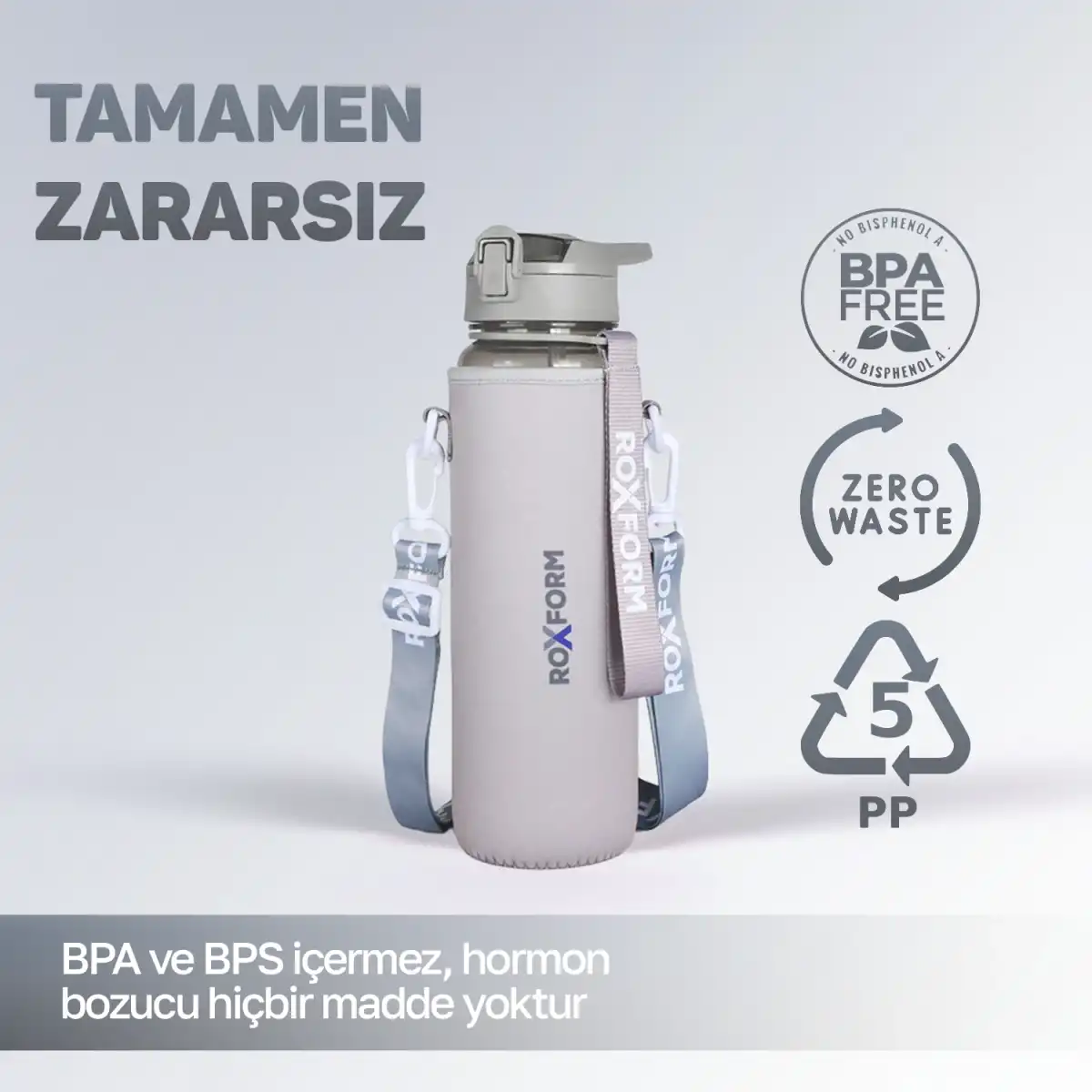 BPA'sız ve sıfır atık sembollü gri ROXFORM şişesi.