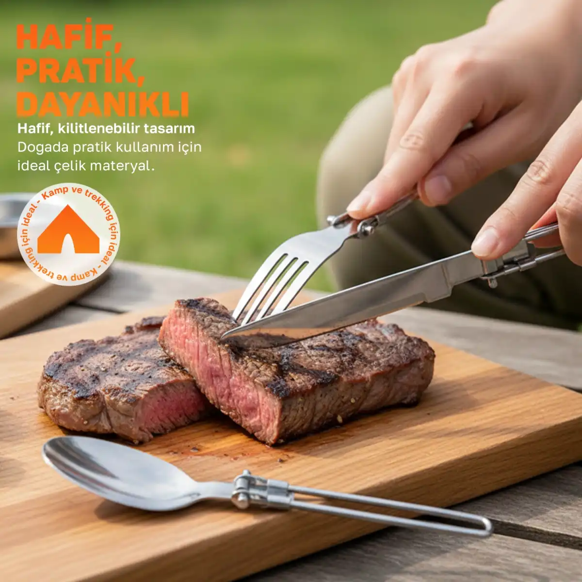 Eller bıçak ve çatal ile biftek kesiyor, yanında kaşık var.