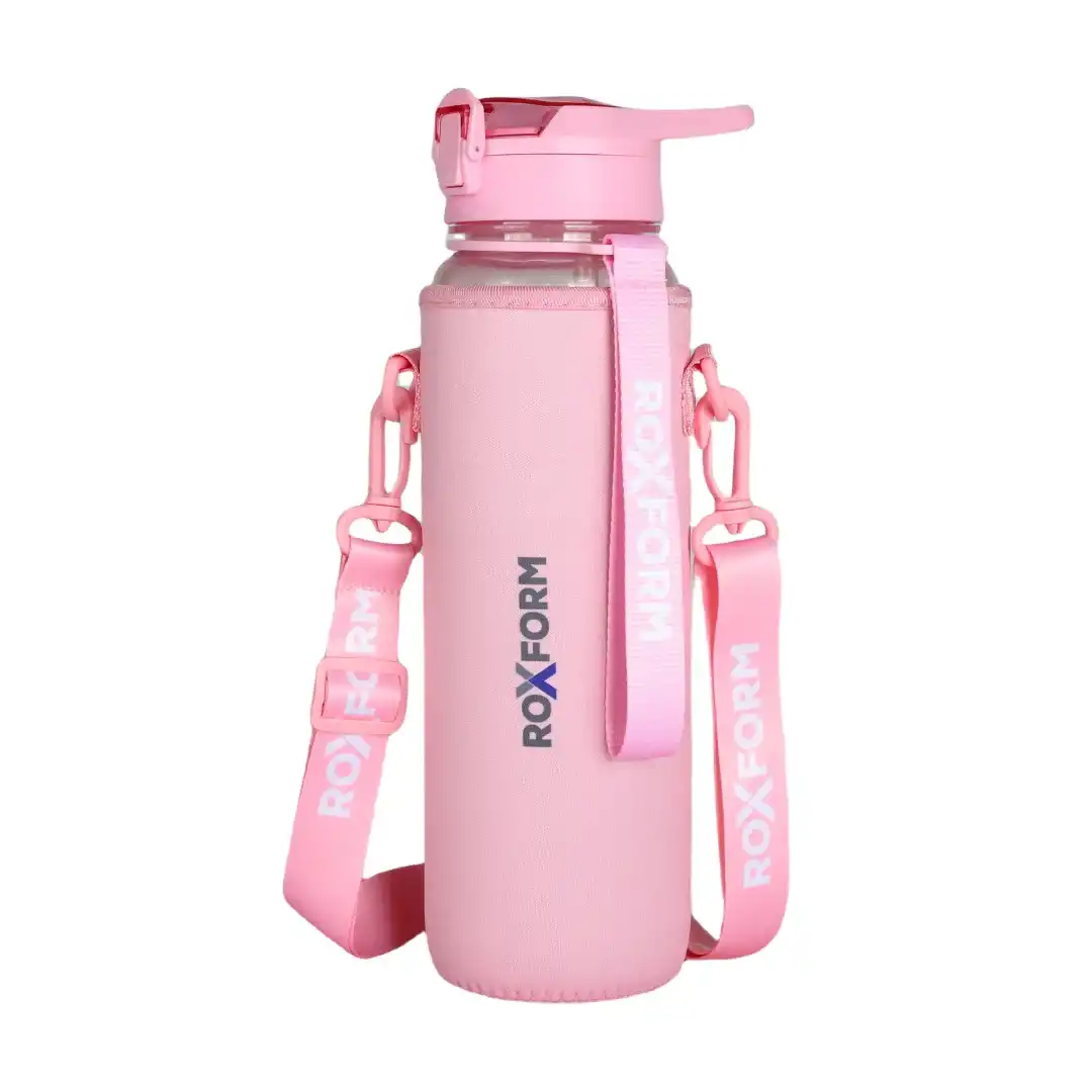 ROXFORM logolu pembe su şişesi ve omuz askısı.