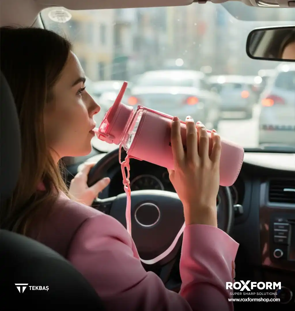 Bir kadın trafikte sıkışmış arabasında pembe bir şişeden su içiyor.