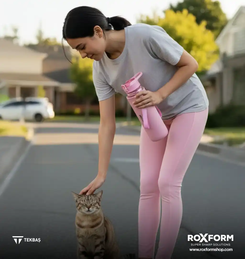 Kadın sokakta kedi seviyor, pembe su şişesi tutuyor.