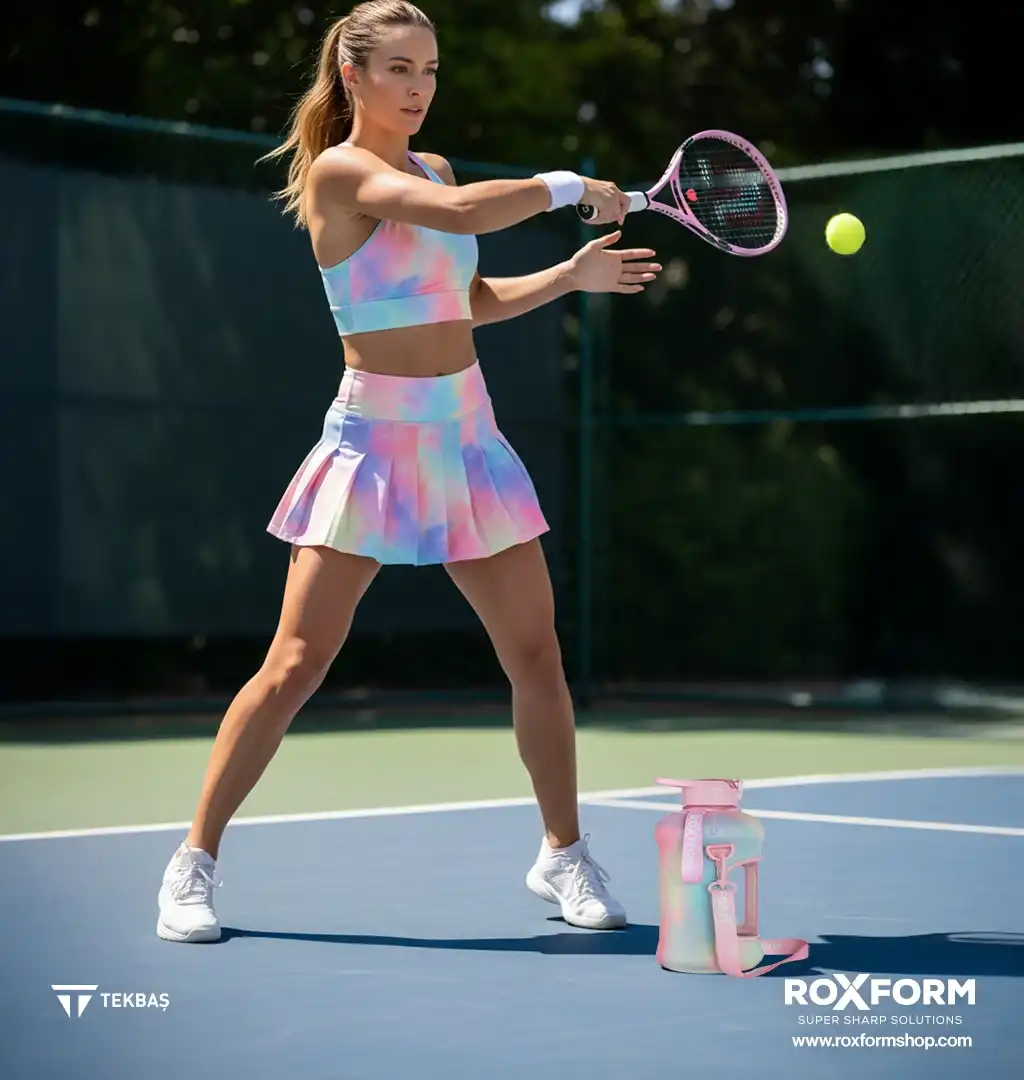 Bir kadın tenis kortunda raketiyle tenis topuna vuruyor.