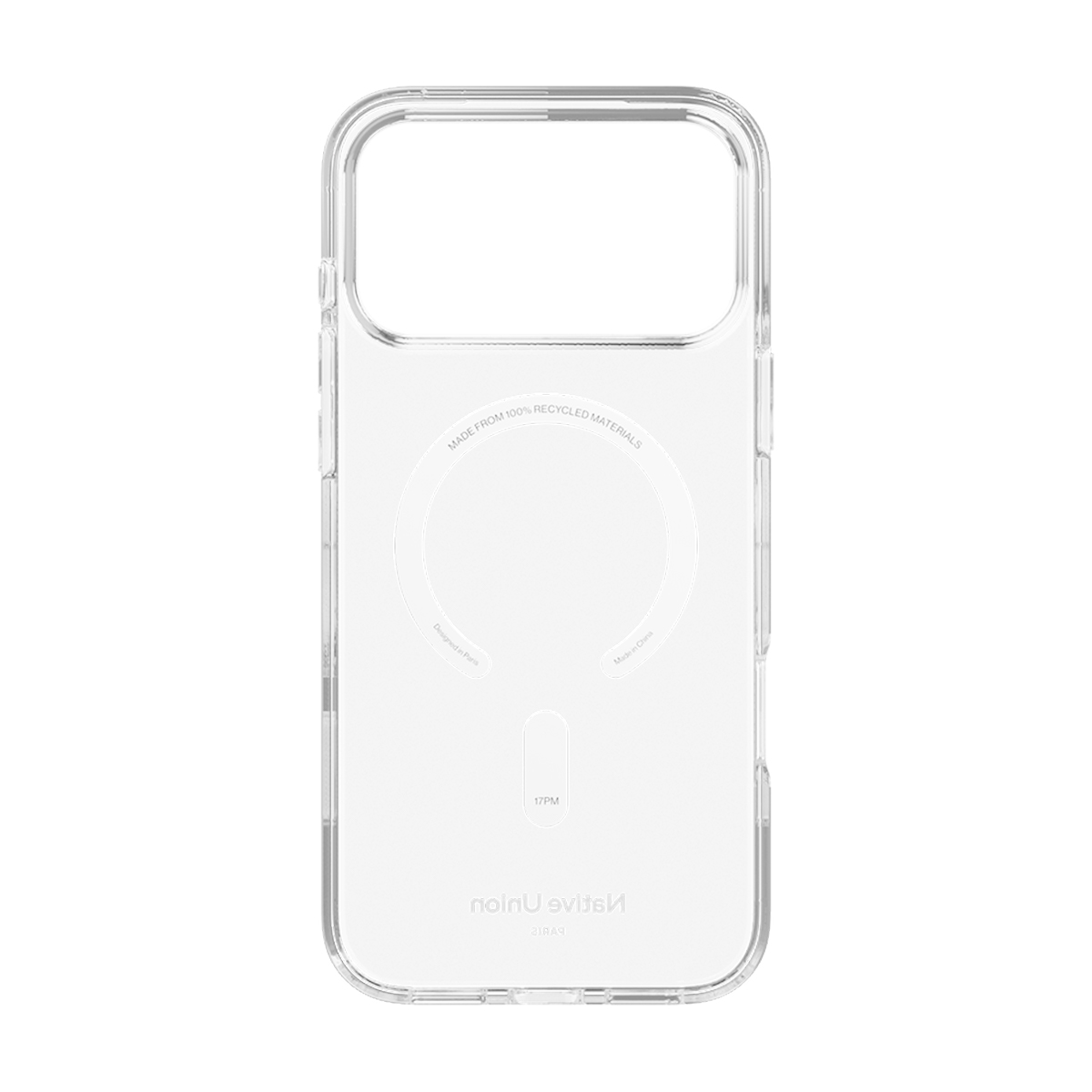 Custodia trasparente per telefono con anello magnetico e testo.