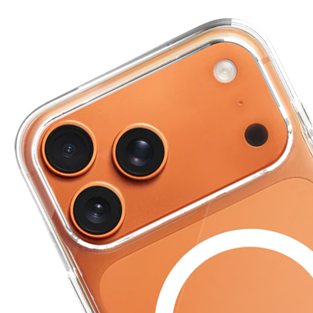 Primo piano del retro di un telefono arancione con tre fotocamere e flash.