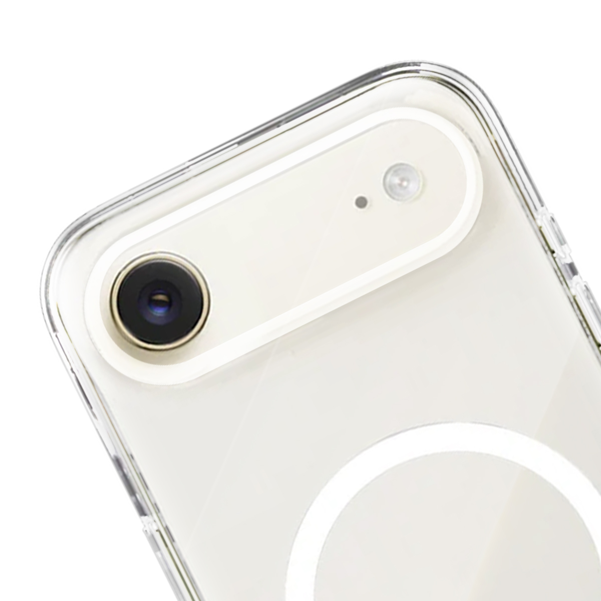 Primo piano di un iPhone bianco con due fotocamere e flash.