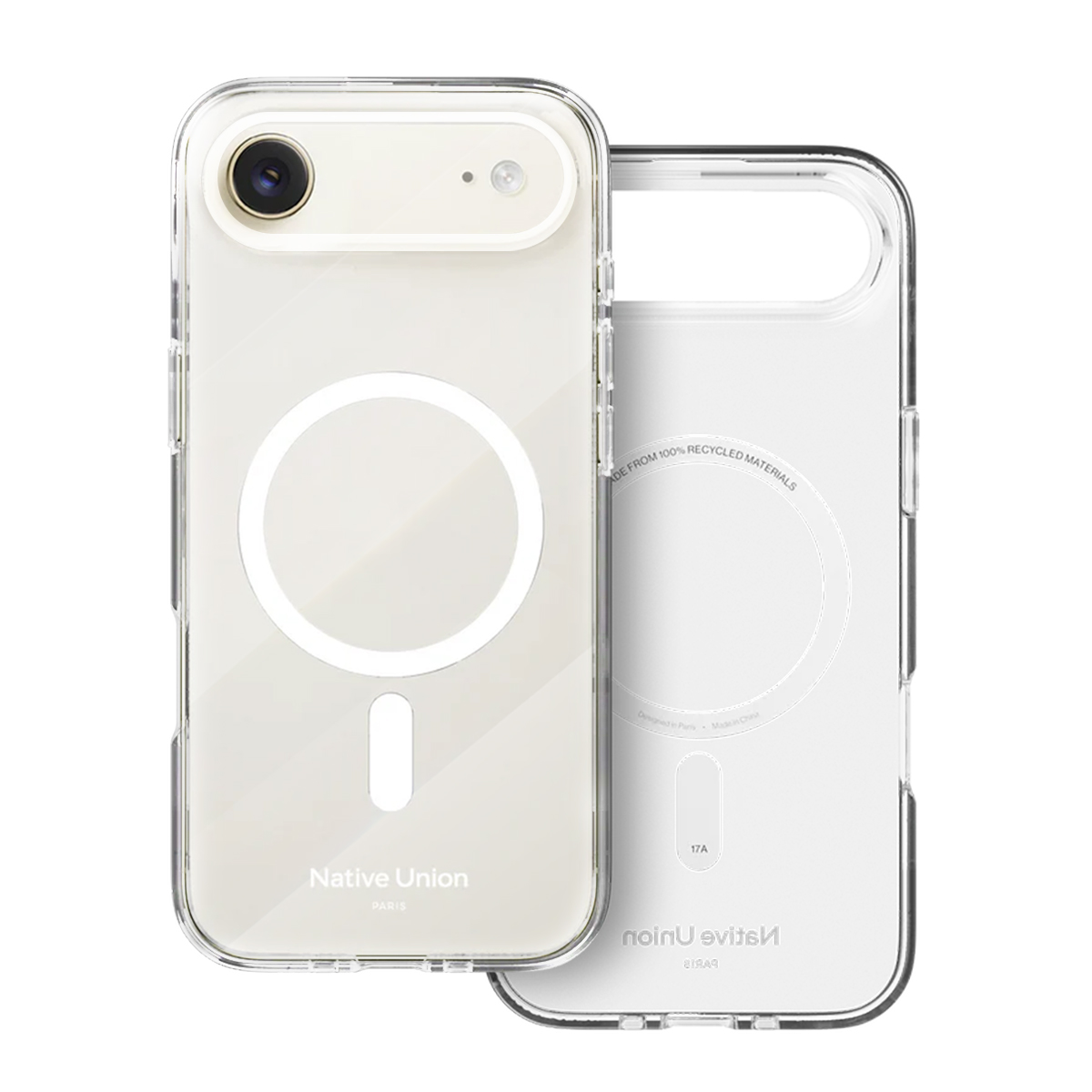 Custodia trasparente per telefono con anello MagSafe e logo.