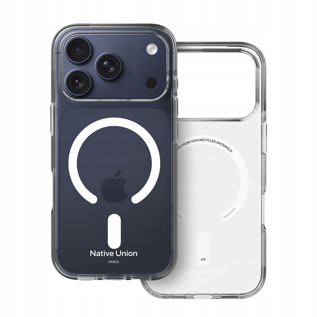 Due custodie per telefono blu scuro e trasparenti con logo Apple e marchio Native Union.