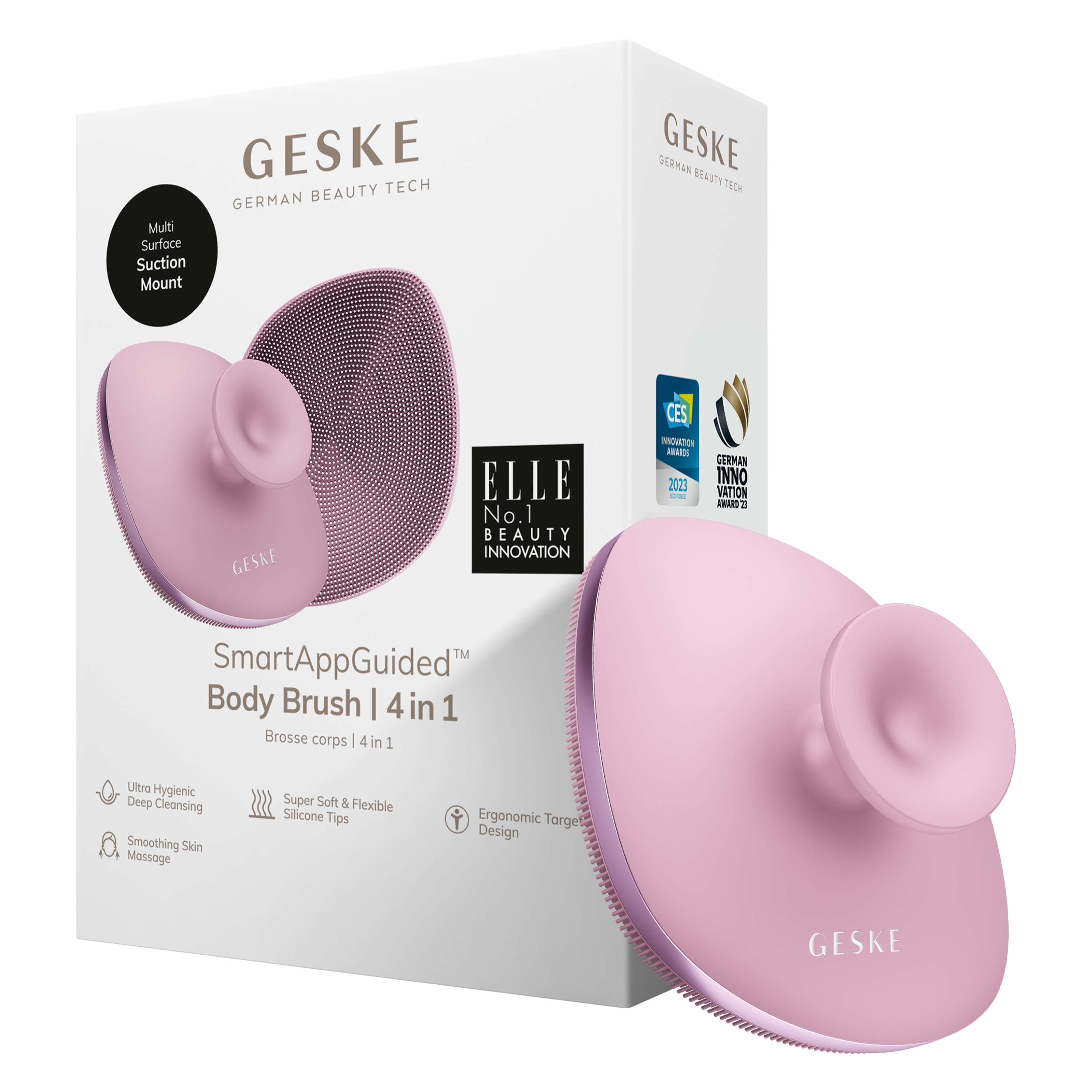 Vantuzlu pembe Geske vücut fırçası temizleyici ambalajının yanında duruyor.