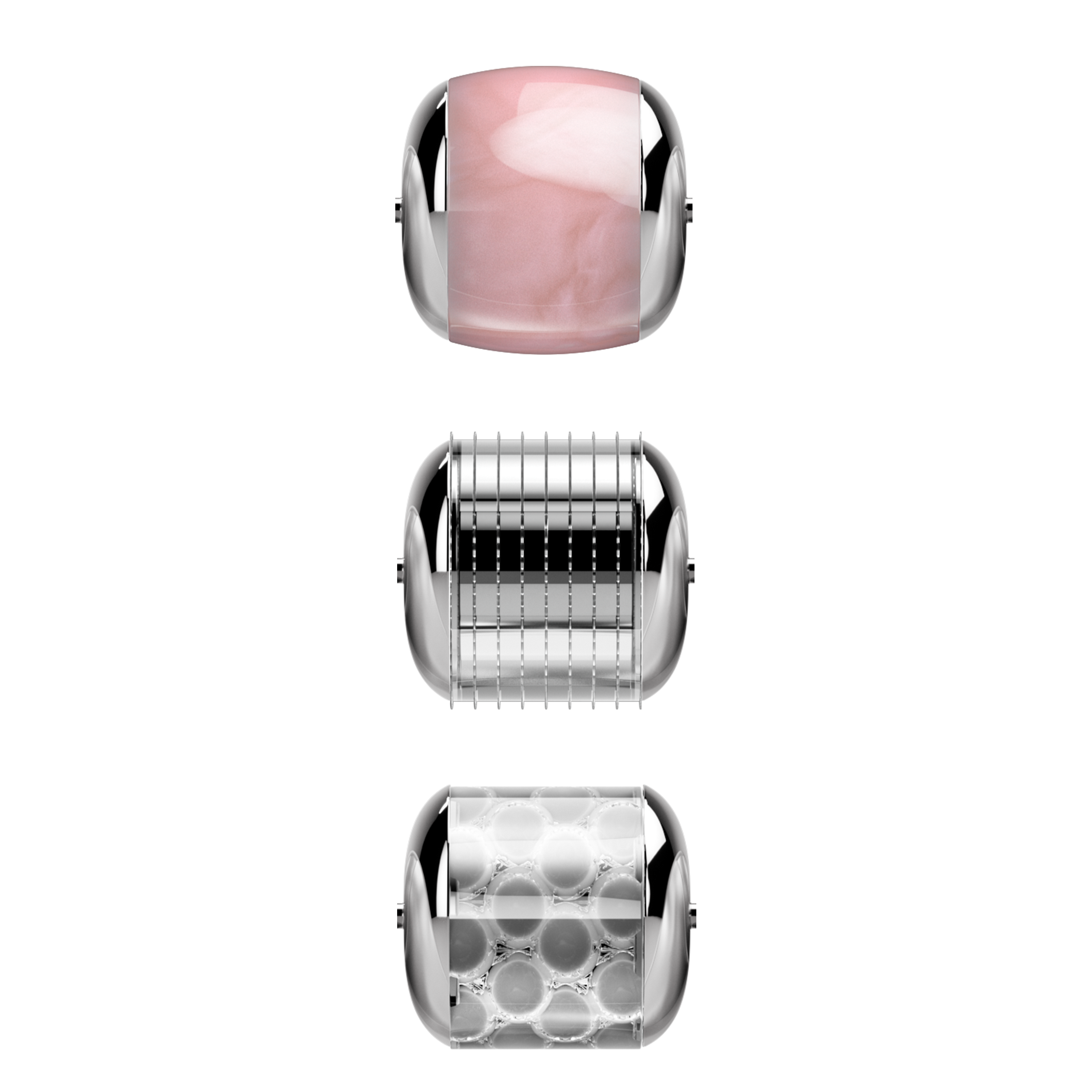 Tre accessori per un dispositivo di bellezza: pietra, lame e sfere.