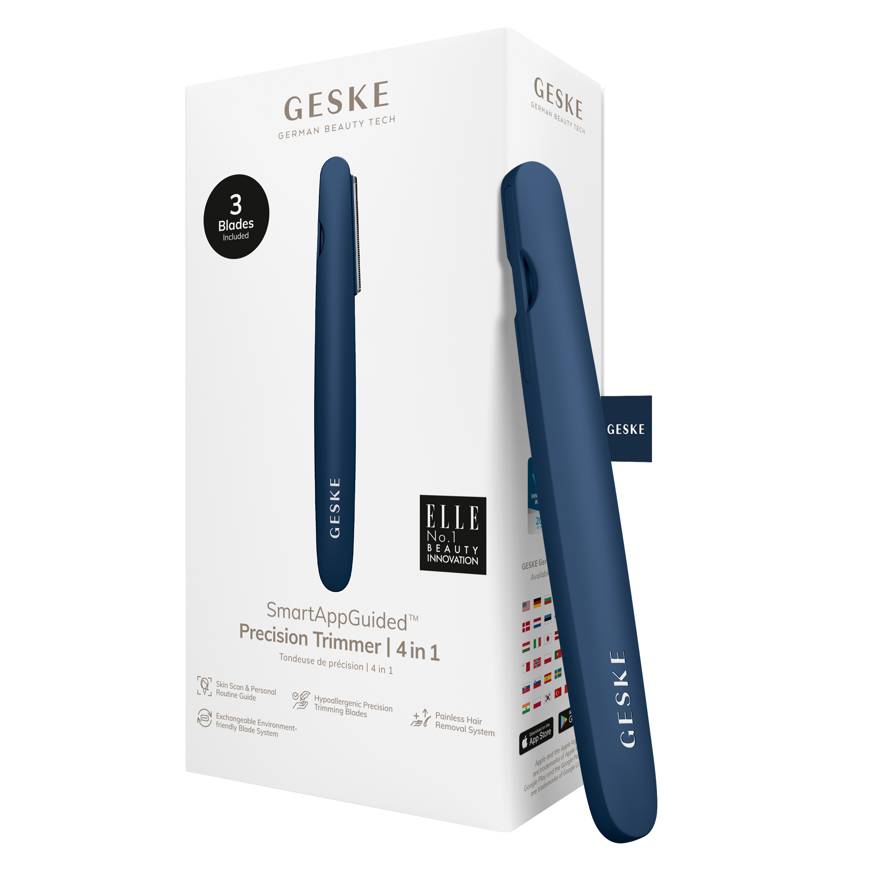 GESKE'nin SmartAppGuided™ ürününü tanıtan, 3 bıçaklı mavi hassas düzeltici seti.