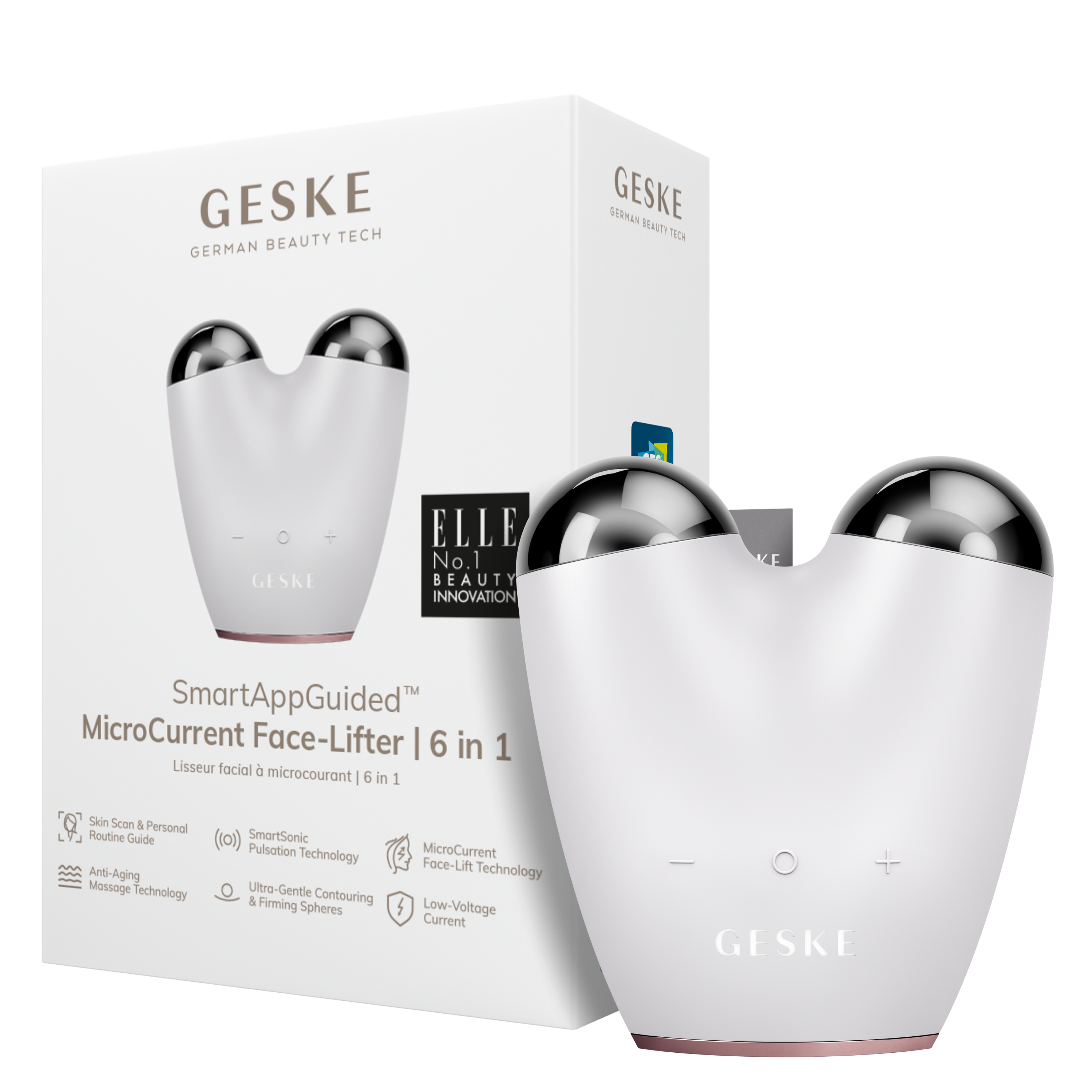 Un dispositivo bianco Geske per lifting del viso con punte argentate e confezione.