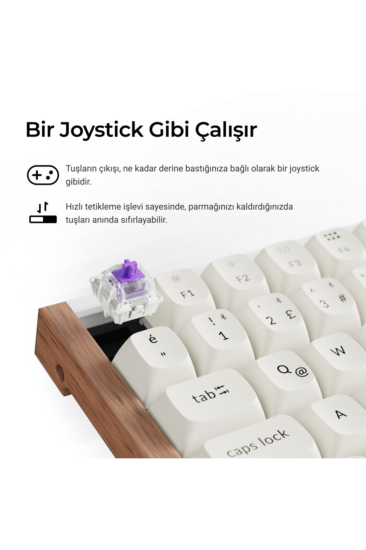 Ahşap vurgulu, görünür mekanik anahtarlı klavye.