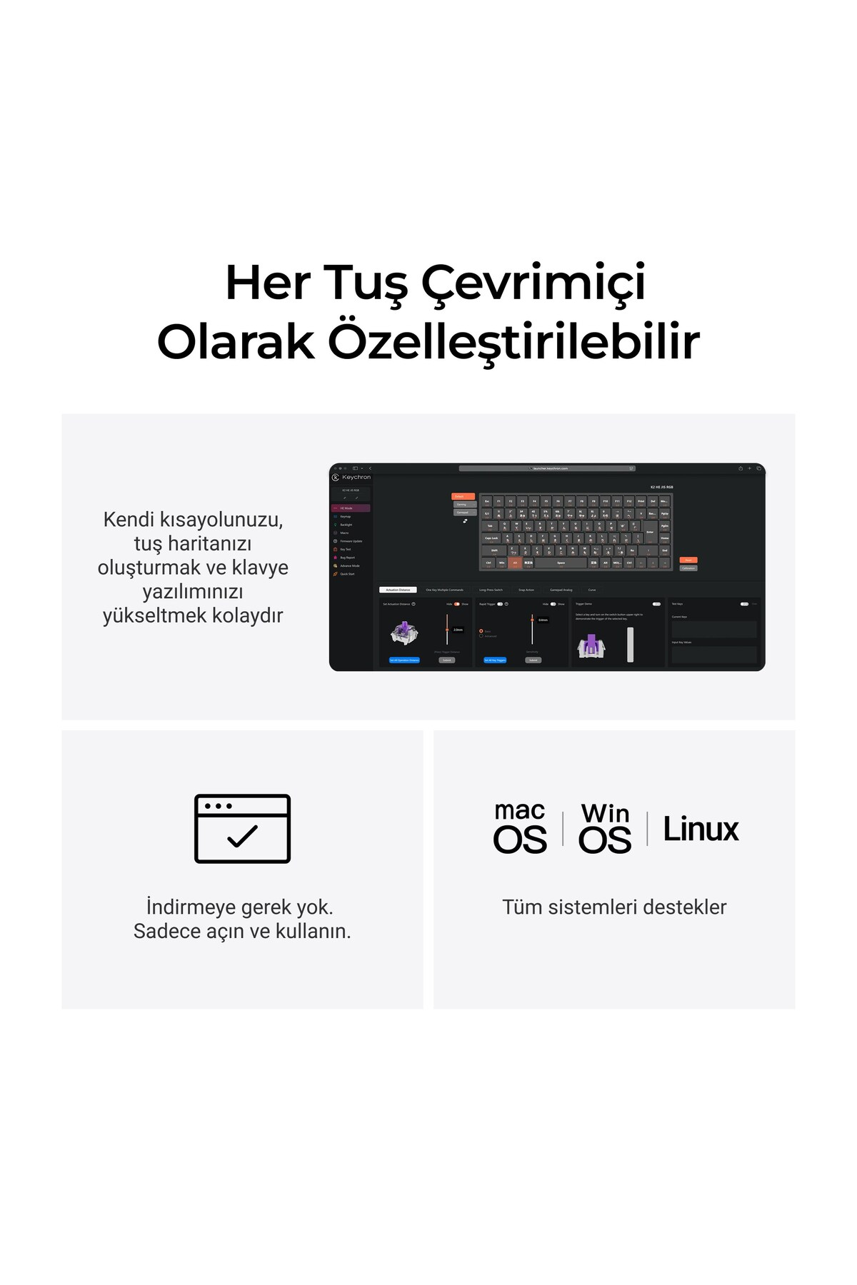 Keychron yazılımı Mac, Win, Linux desteğiyle klavye özelleştirmeyi gösterir.