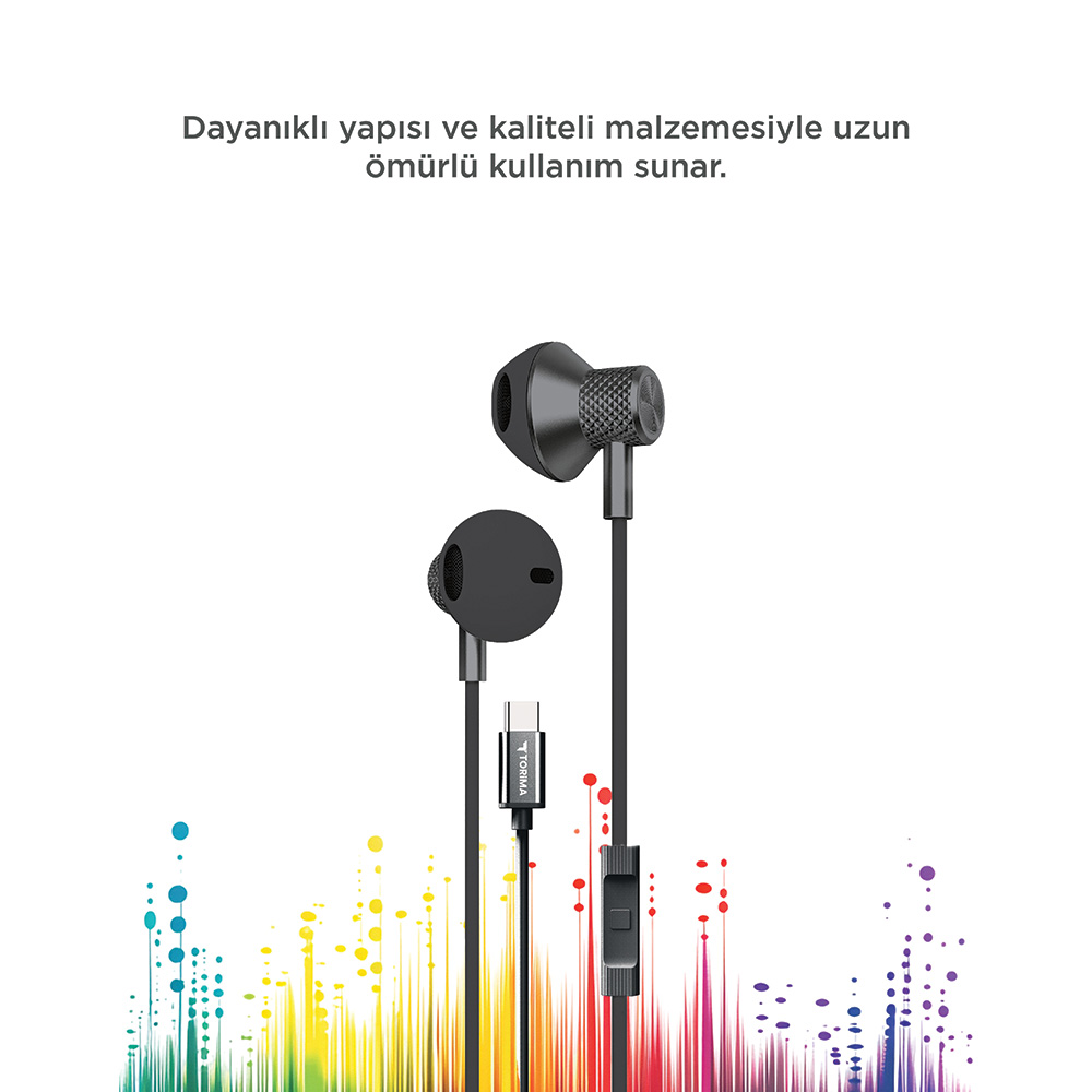 USB-C konnektörlü siyah kulak içi kulaklık ve renkli ses dalgası.