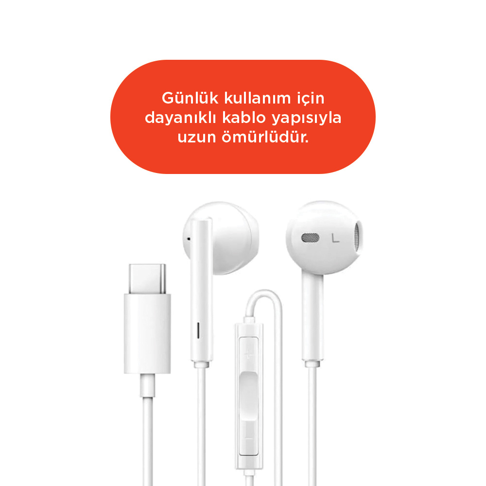 Inline mikrofonlu ve ses ayarlı beyaz USB-C kulaklıklar.
