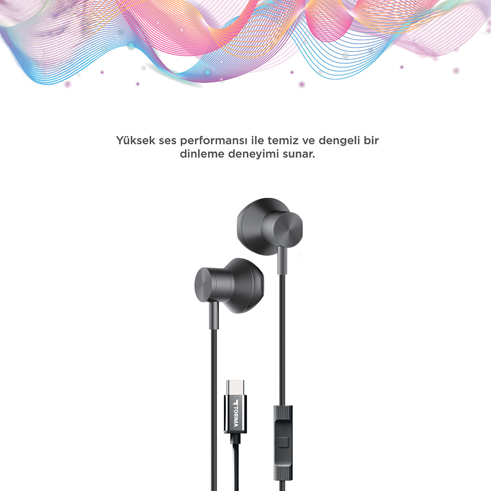 USB-C konnektörlü ve kumandalı gri kulaklıklar.