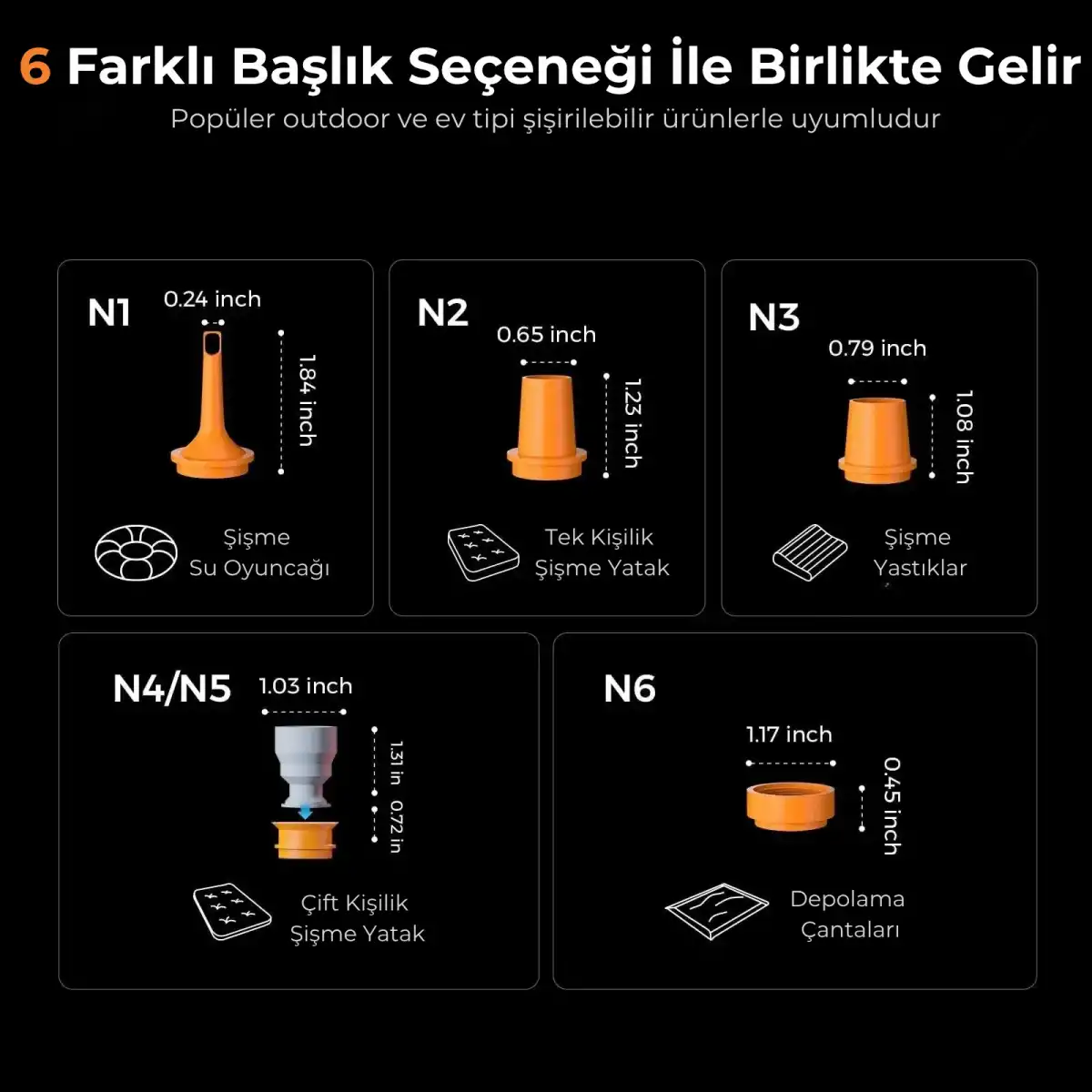 Şişme ürünler için altı turuncu başlık: oyuncak, yatak, yastık, saklama çantası.