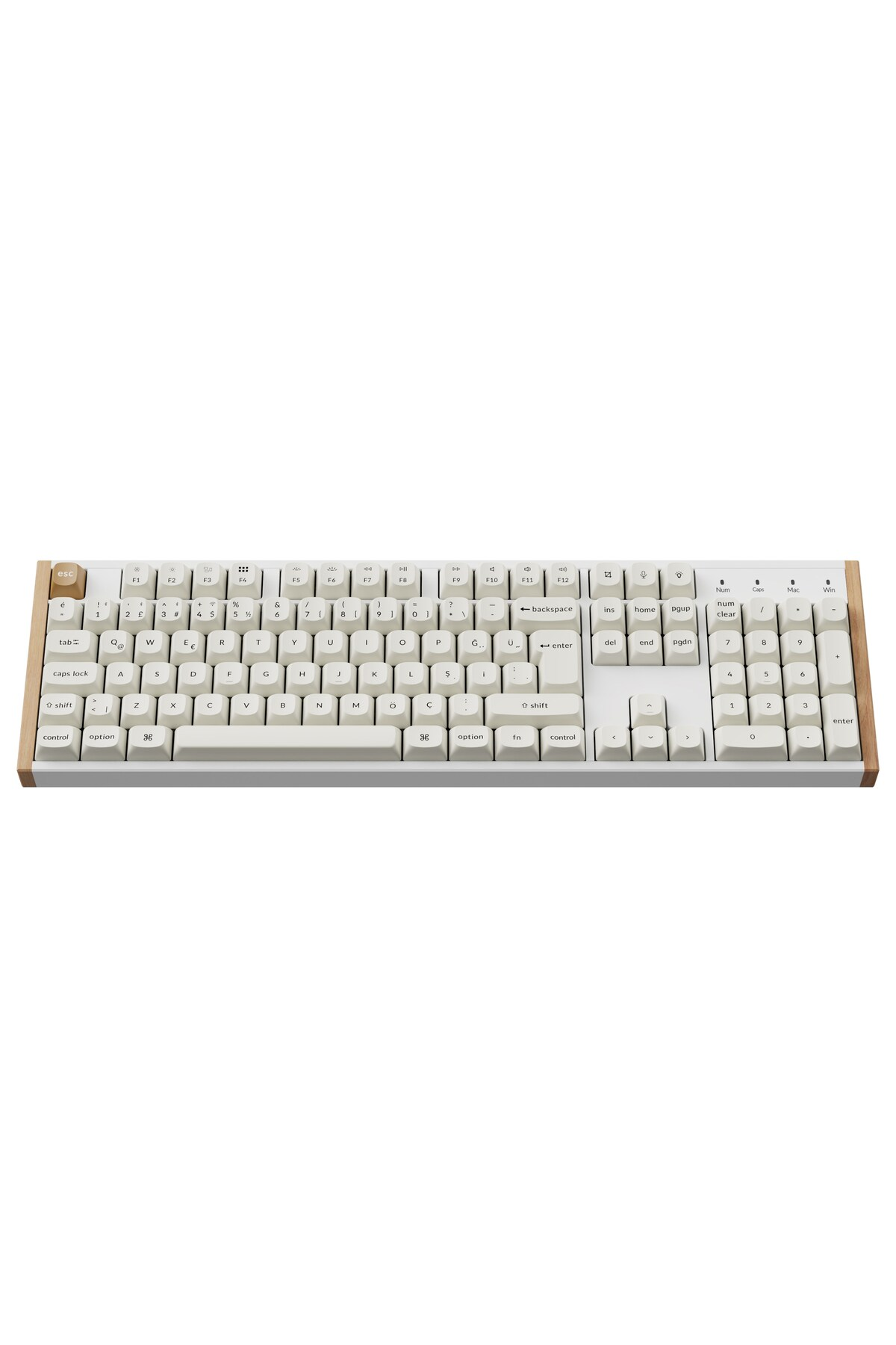 Ahşap kenarlı beyaz klavye ve kahverengi esc tuşu.
