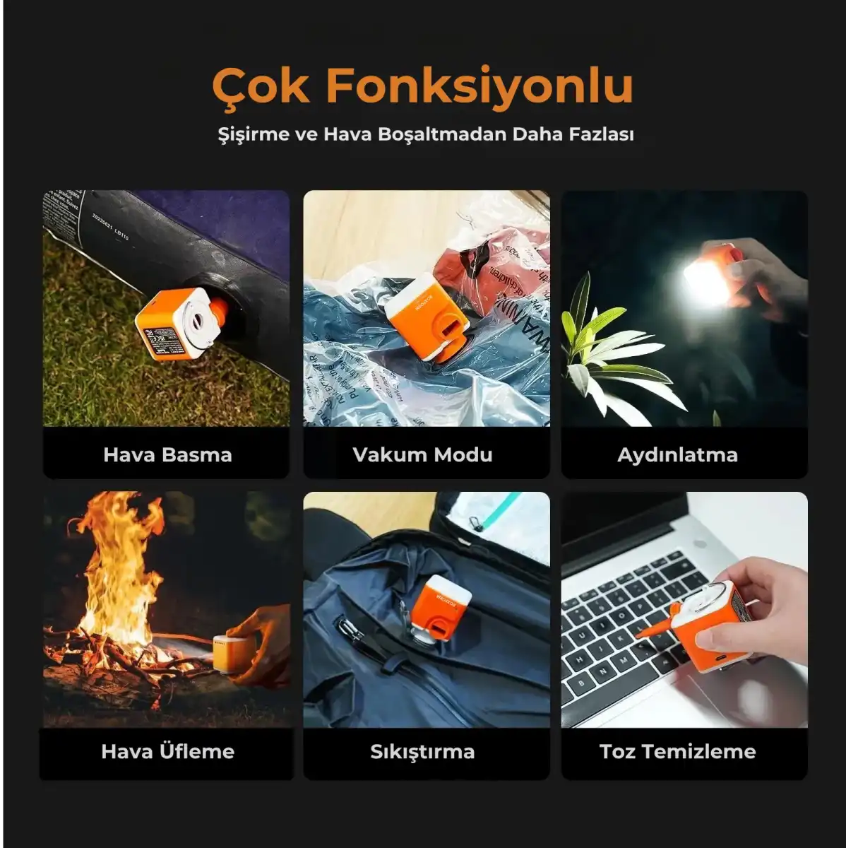 Turuncu bir cihaz şişirilebilir bir eşyayı şişirmek için kullanılıyor.