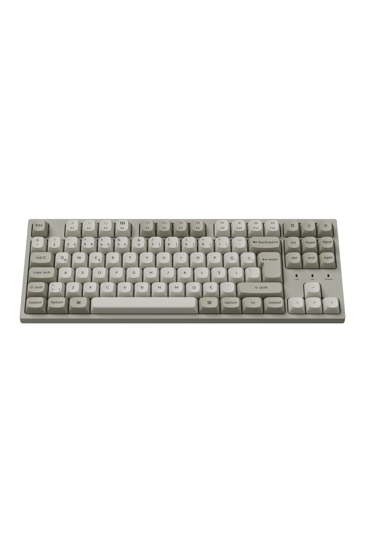 QWERTZ düzeninde ek tuşlara sahip gri bir klavye.