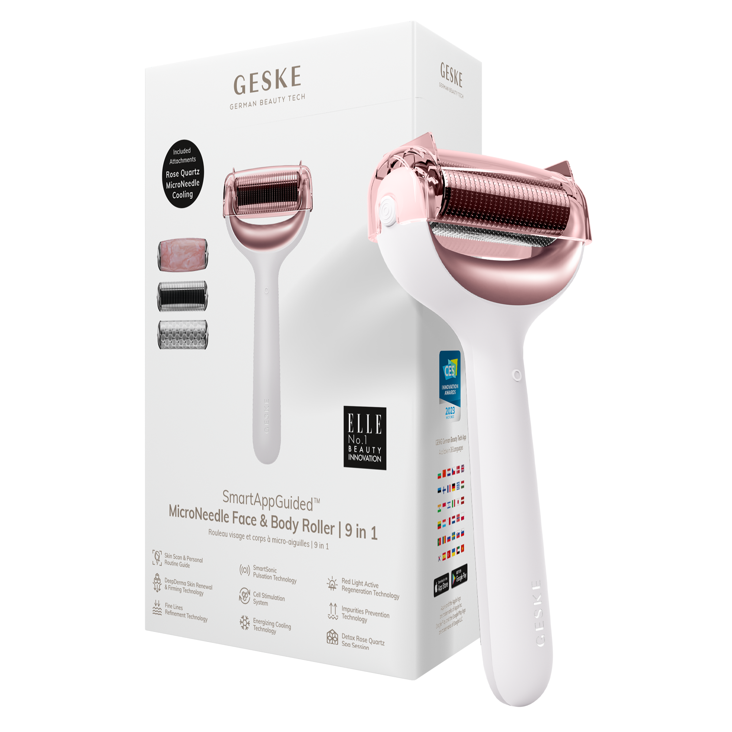 Ambalajlı beyaz ve roze altın Geske Microneedle Rulo.