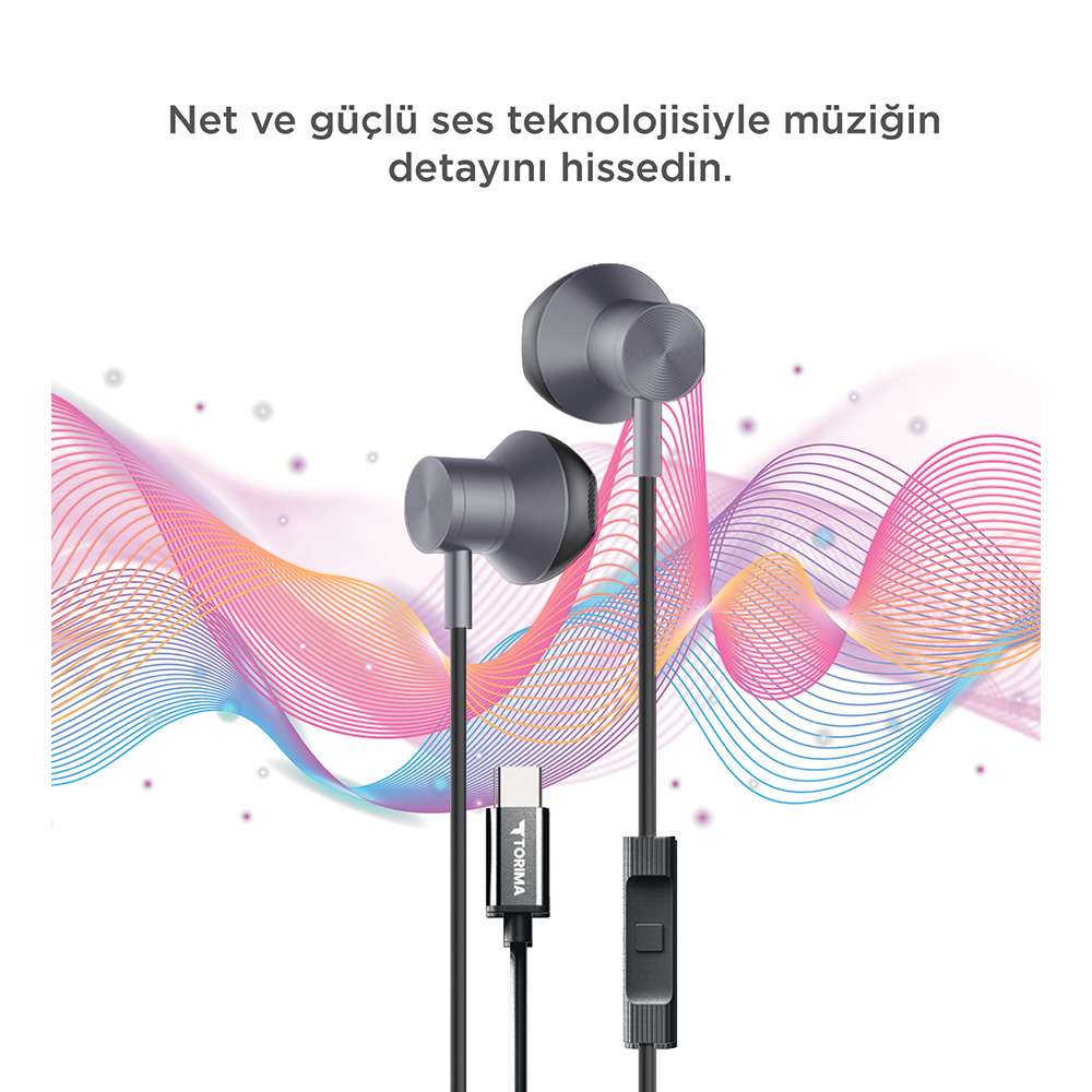 Renkli dalgalı çizgiler önünde USB-C konnektörlü gri kulaklıklar.