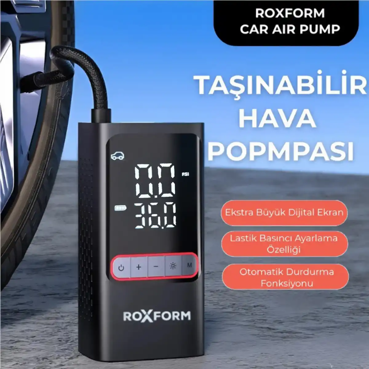 ROXFORM taşınabilir araç hava pompası dijital ekranlı ve lastik basıncı ayarlı.