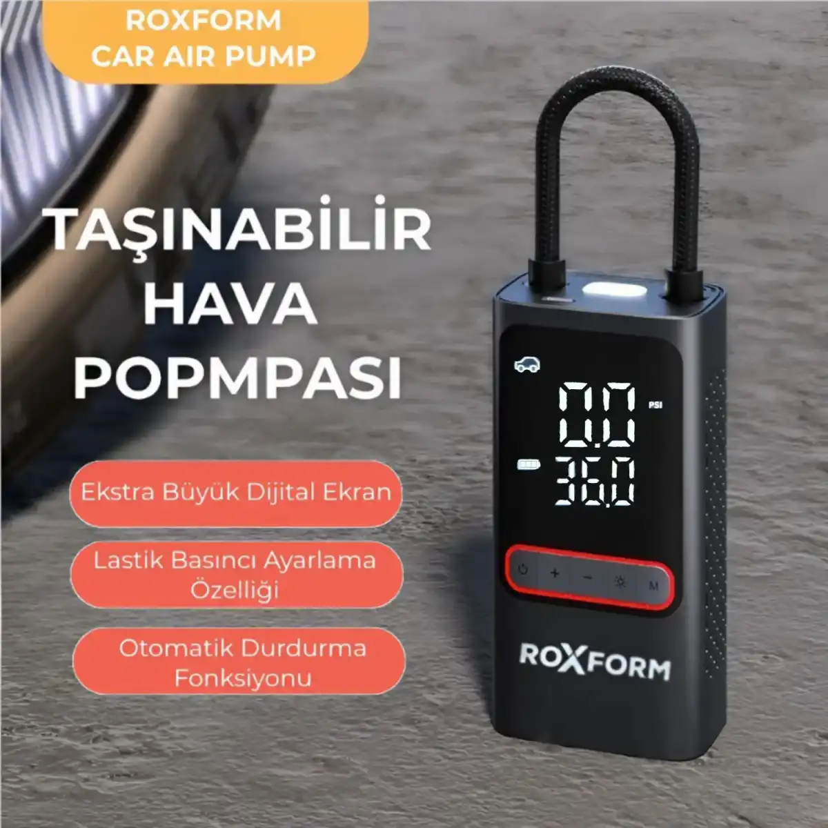 Dijital ekranlı ve hortumlu taşınabilir ROXFORM araba hava pompası.