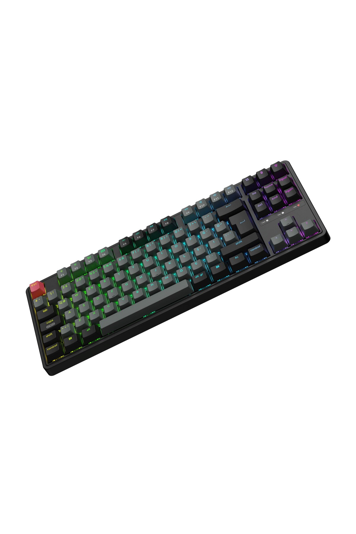 RGB aydınlatmalı siyah bir klavye, sağ üstten görünüm.
